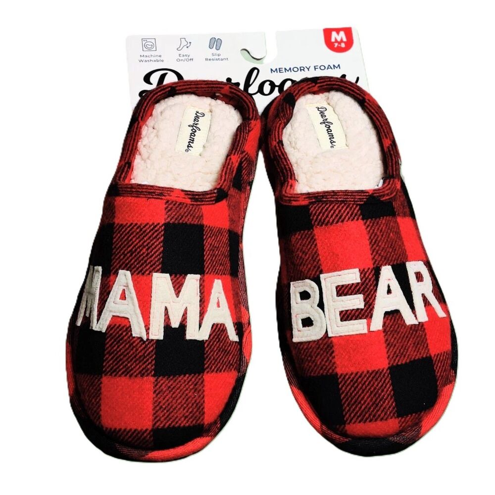 Dearfoams Mama Bear Red Plaid Slippers Memory Foam Women’s M 7-8 Cozy Indoor